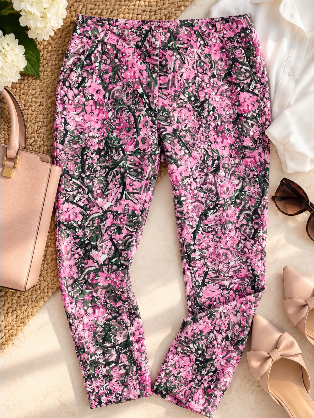 H&M Size 10 Pink Floral Botanical Cropped Ankle Pants Stretch Trousers 24”